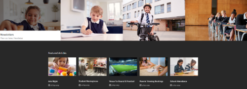 Example of our websites, features content tiles and featured articles. All images include children in a school setting.
